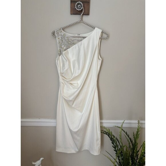 Eliza J Dresses & Skirts - Eliza J Womens Size 4 Cream Sheath Dress Beaded Trim Ruched Sleeveless